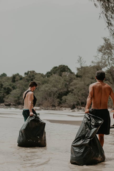 A forest scene showing a group of four volunteers engaged in a cleanup effort among tall, slender pine trees with green foliage. In the foreground, amid the brown, leaf-littered forest floor, a clear